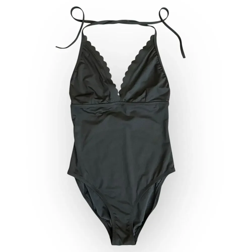 J. Crew Factory Black One-Piece Swimsuit with Scallop Trim